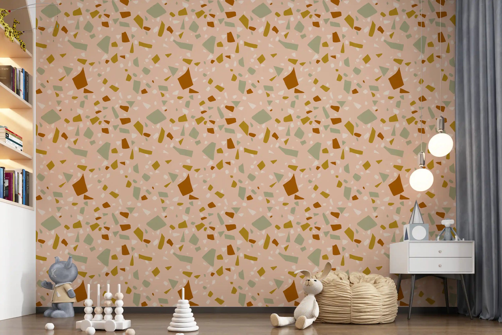 Terrazzo wallpaper creates a playful atmosphere in the nursery.