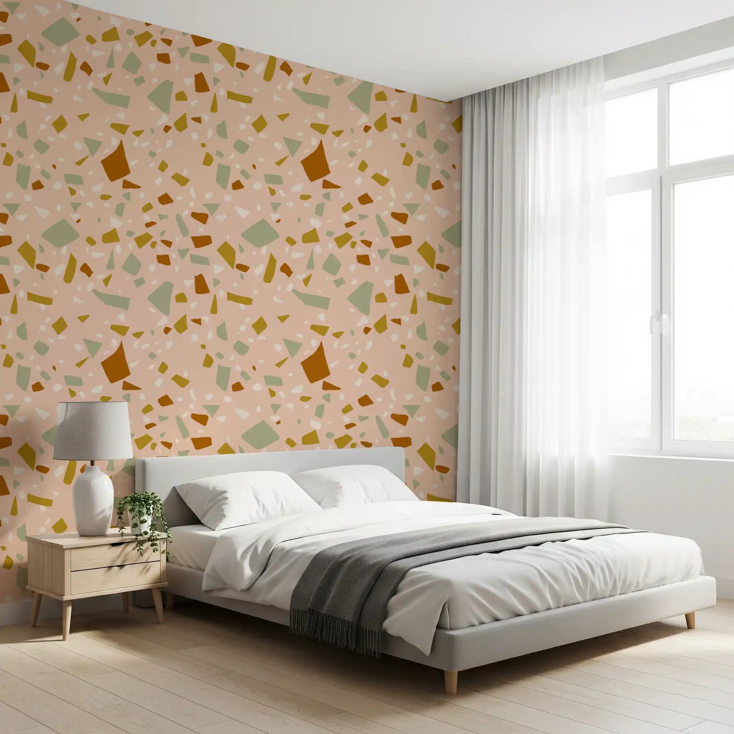 Mediterranean Peach Sage wallpaper fits perfectly in a sunlit bedroom.