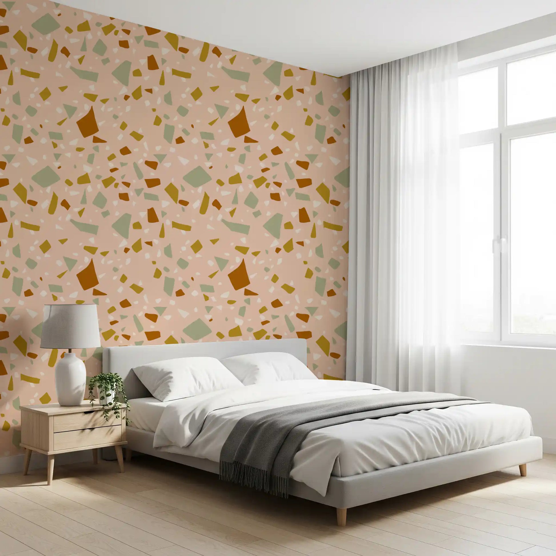Mediterranean Peach Sage wallpaper fits perfectly in a sunlit bedroom.