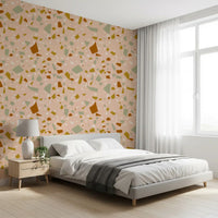 Mediterranean Peach Sage wallpaper fits perfectly in a sunlit bedroom.