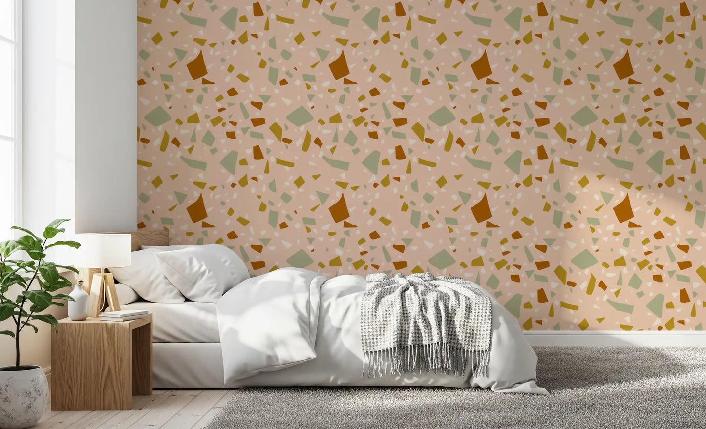 Sage green and clay brown stone chips on a matte Terrazzo wallpaper