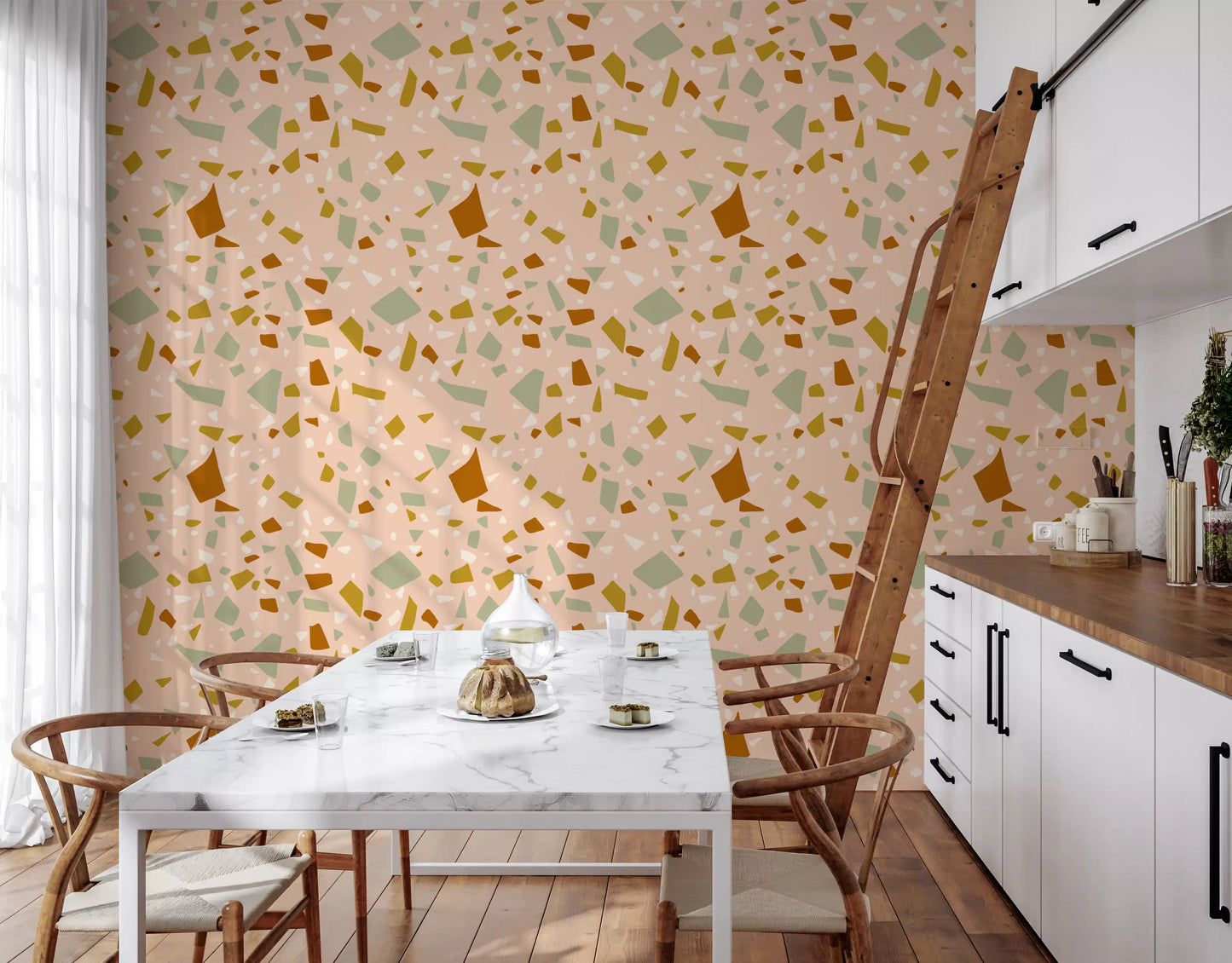 Earthy Mediterranean wallpaper with sage and terracotta shapes.