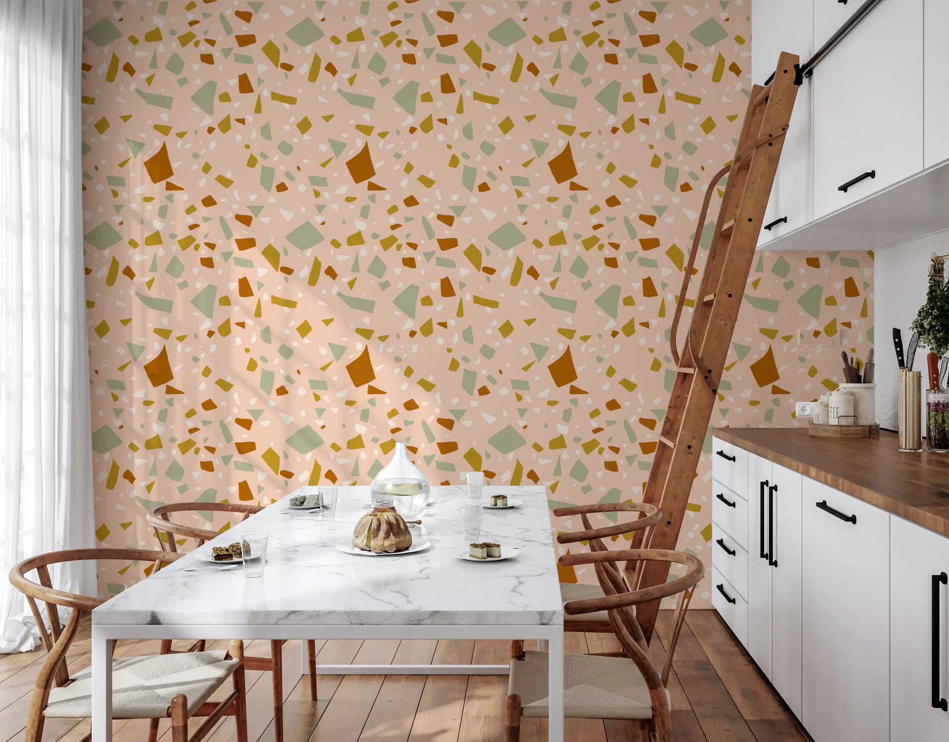 Earthy Mediterranean wallpaper with sage and terracotta shapes.