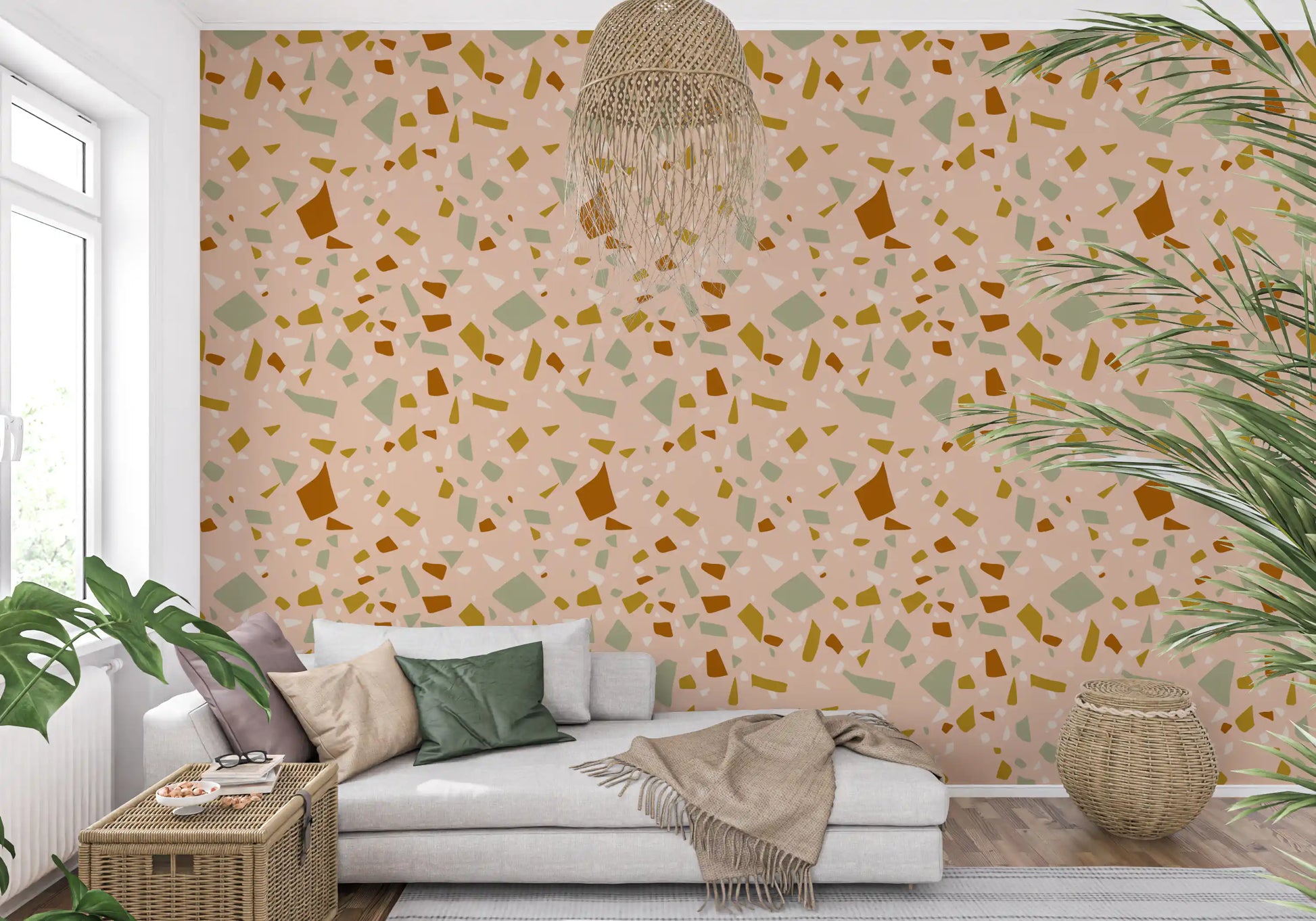 Modern Mediterranean wallpaper featuring a neutral mosaic layout