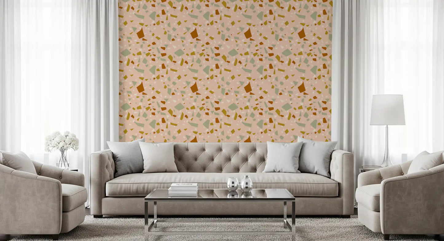 Earthy Sage Terrazzo wallpaper adds character to a modern living room.