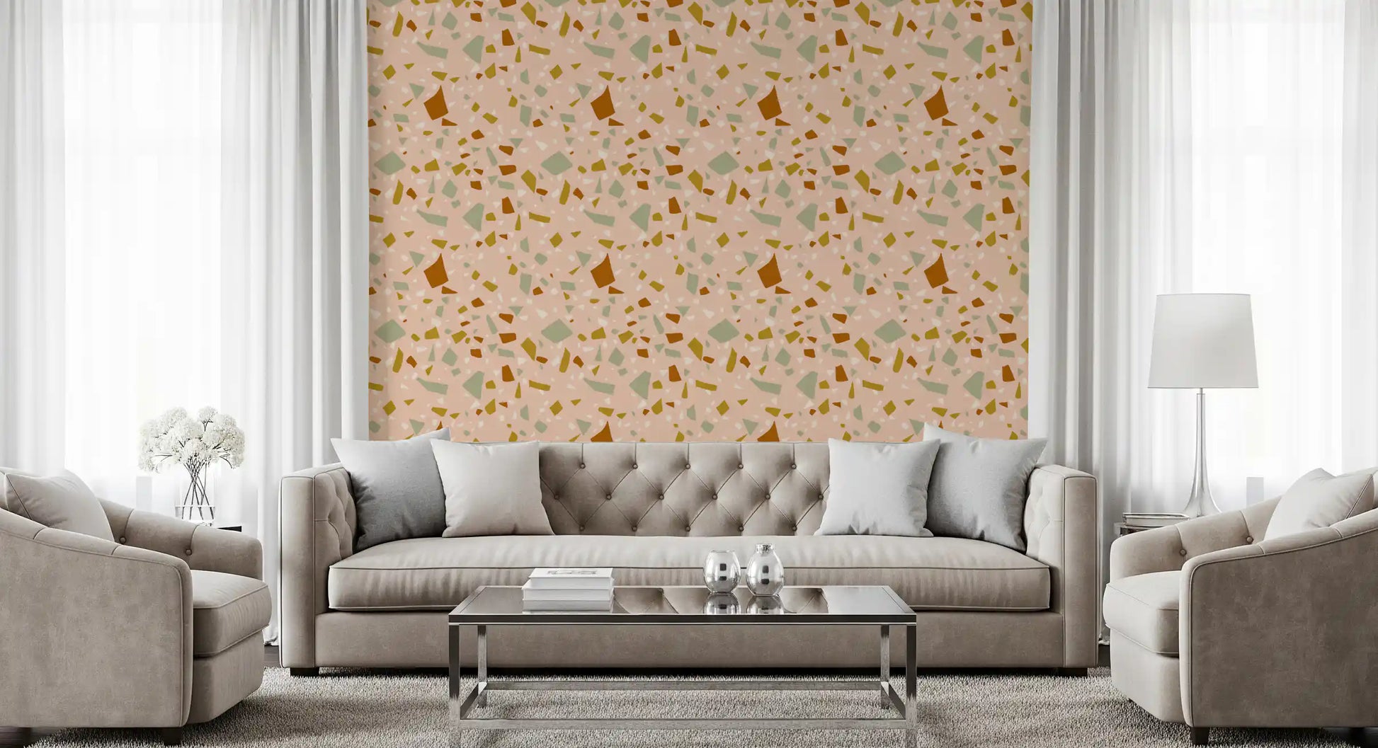 Earthy Sage Terrazzo wallpaper adds character to a modern living room.