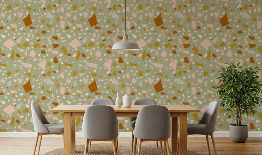 Sage Peach Terrazzo Wallpaper in a modern dining area.