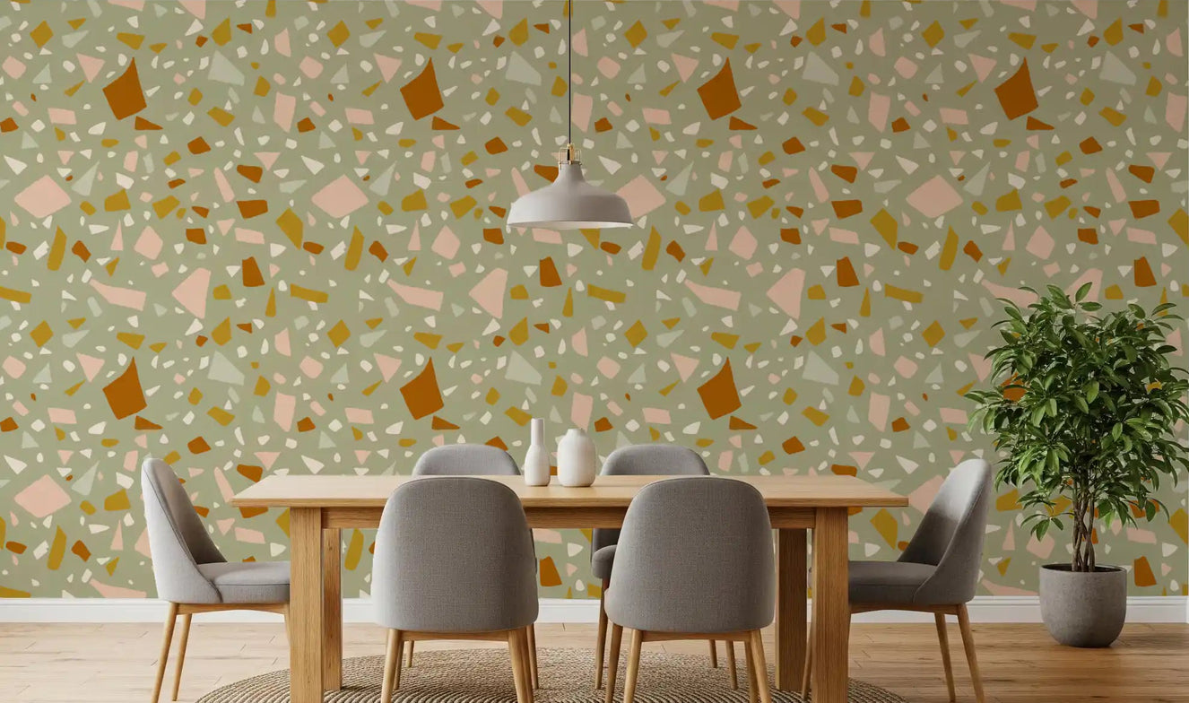 Sage Peach Terrazzo Wallpaper in a modern dining area.