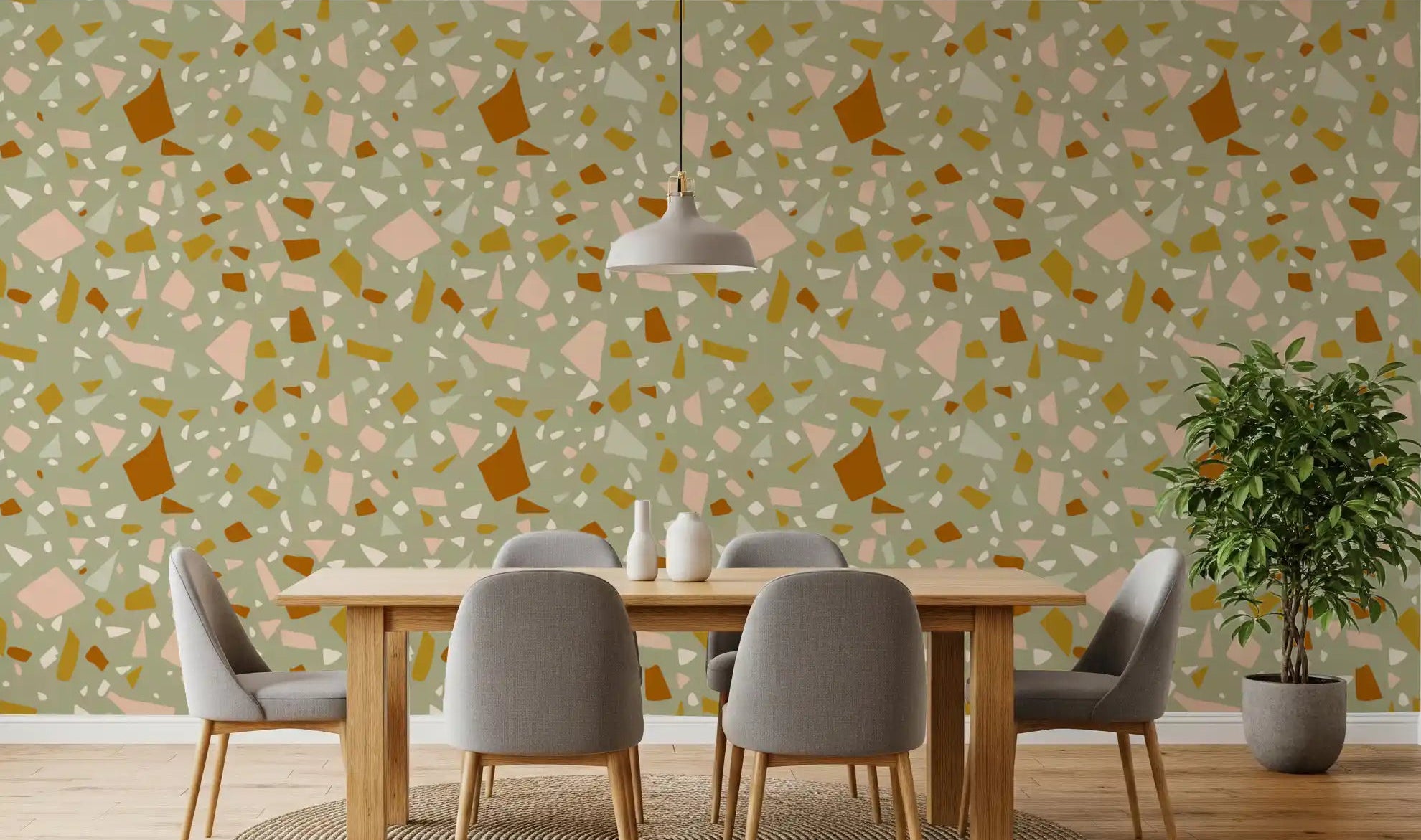 Sage Peach Terrazzo Wallpaper in a modern dining area., GD9973