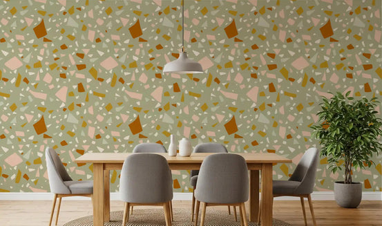 Sage Peach Terrazzo Wallpaper in a modern dining area., GD9973