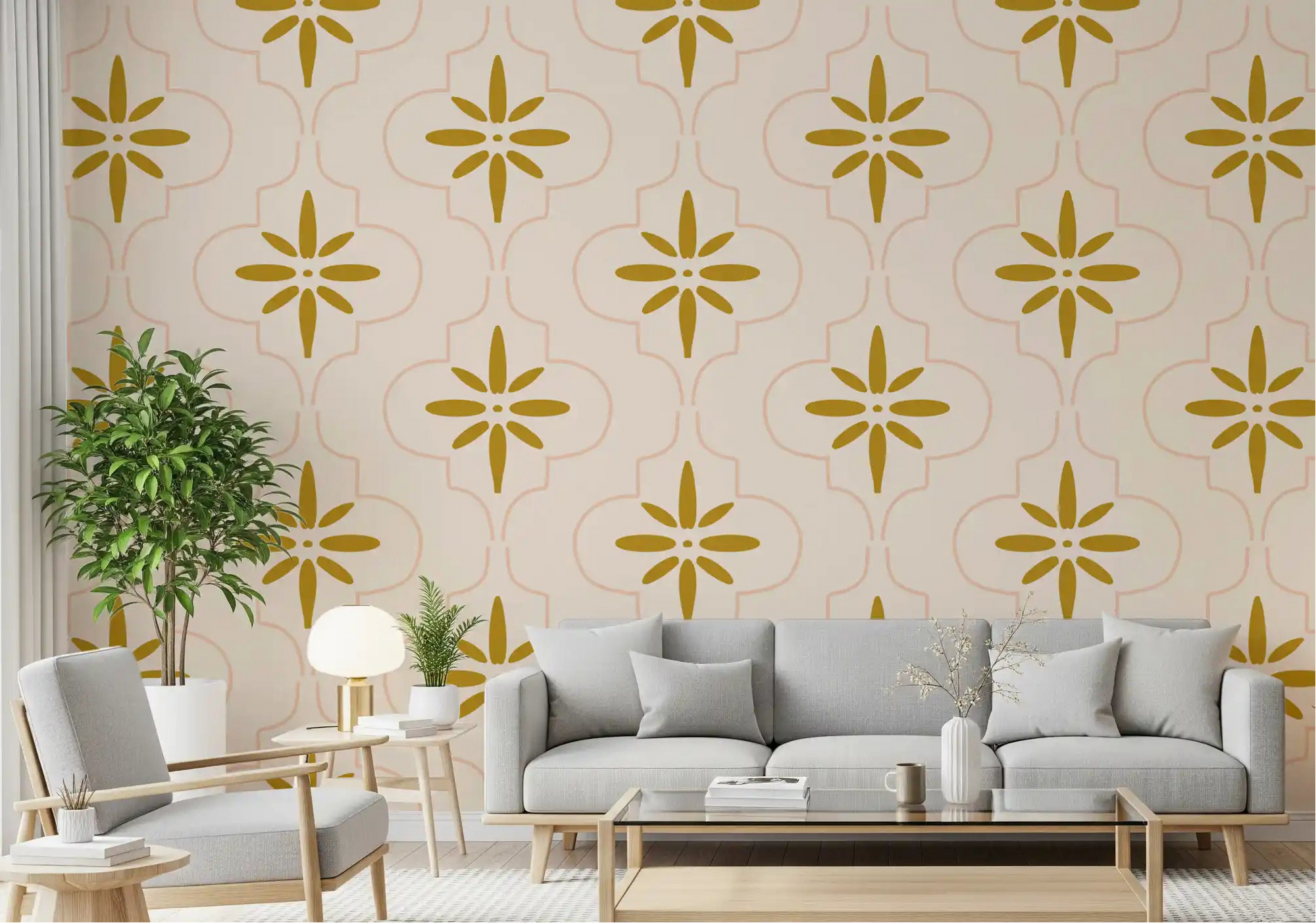 Gold Sand Mediterranean Tile Wallpaper in a bright living room setup., GD9974