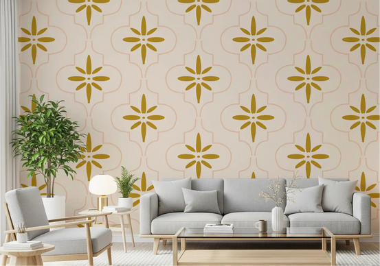 Gold Sand Mediterranean Tile Wallpaper in a bright living room setup., GD9974