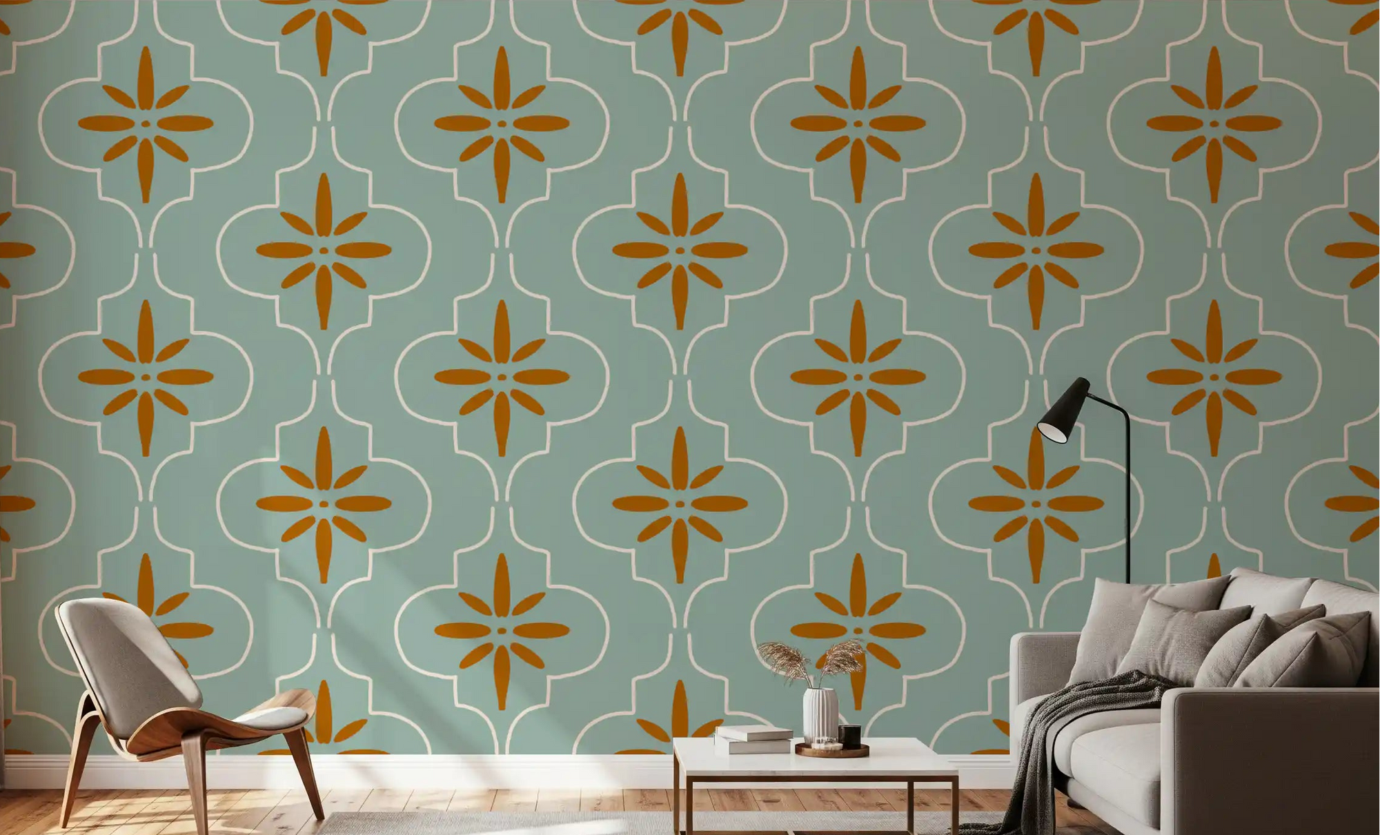 Mediterranean Teal Tile wallpaper accents a bright living room., GD9975
