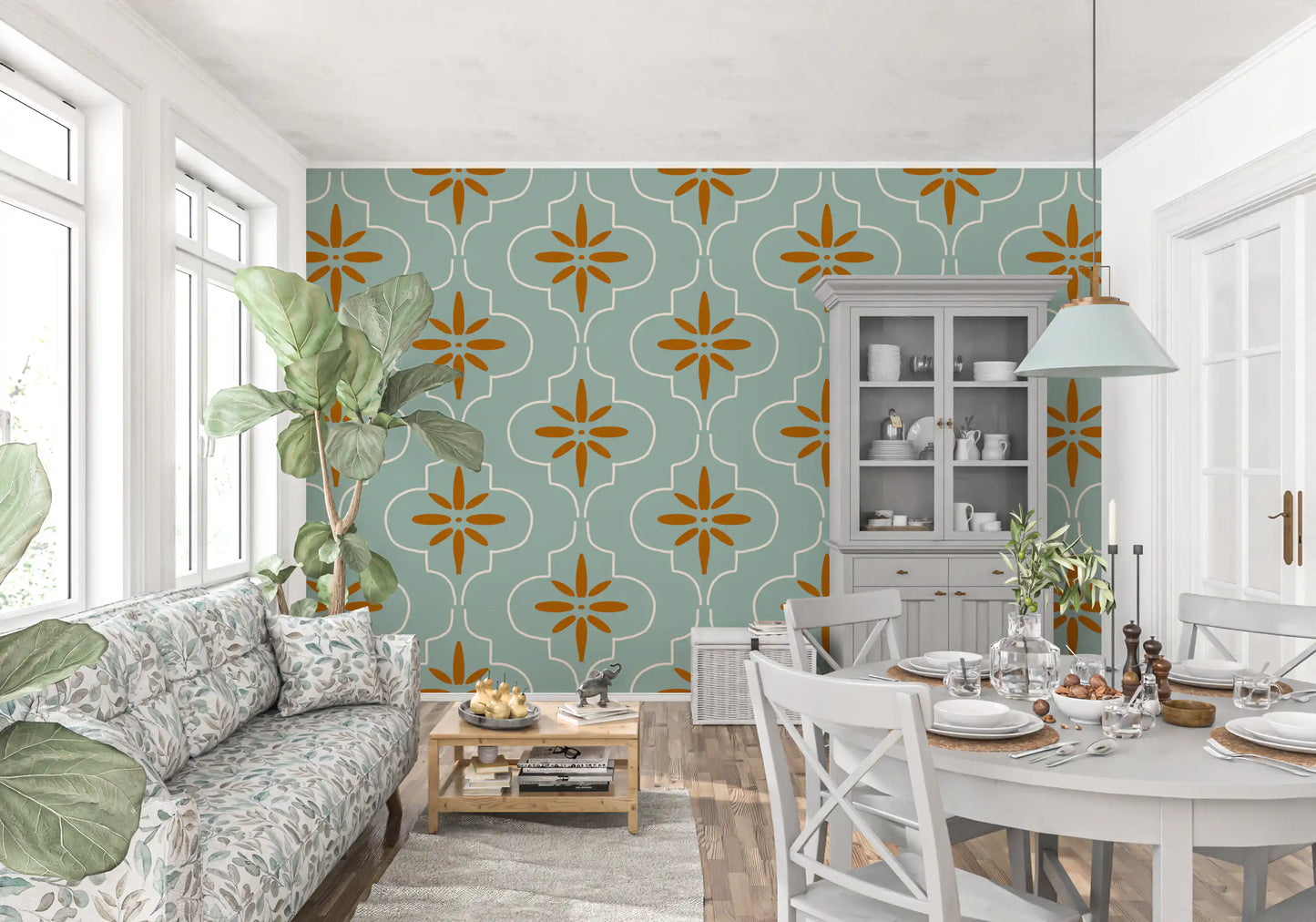 Teal Terracotta Tile Wallpaper Mediterranean Geometric Wallpaper⁠