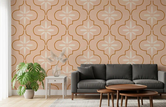 Peach Mediterranean Tile wallpaper creates a warm vibe in hallway.