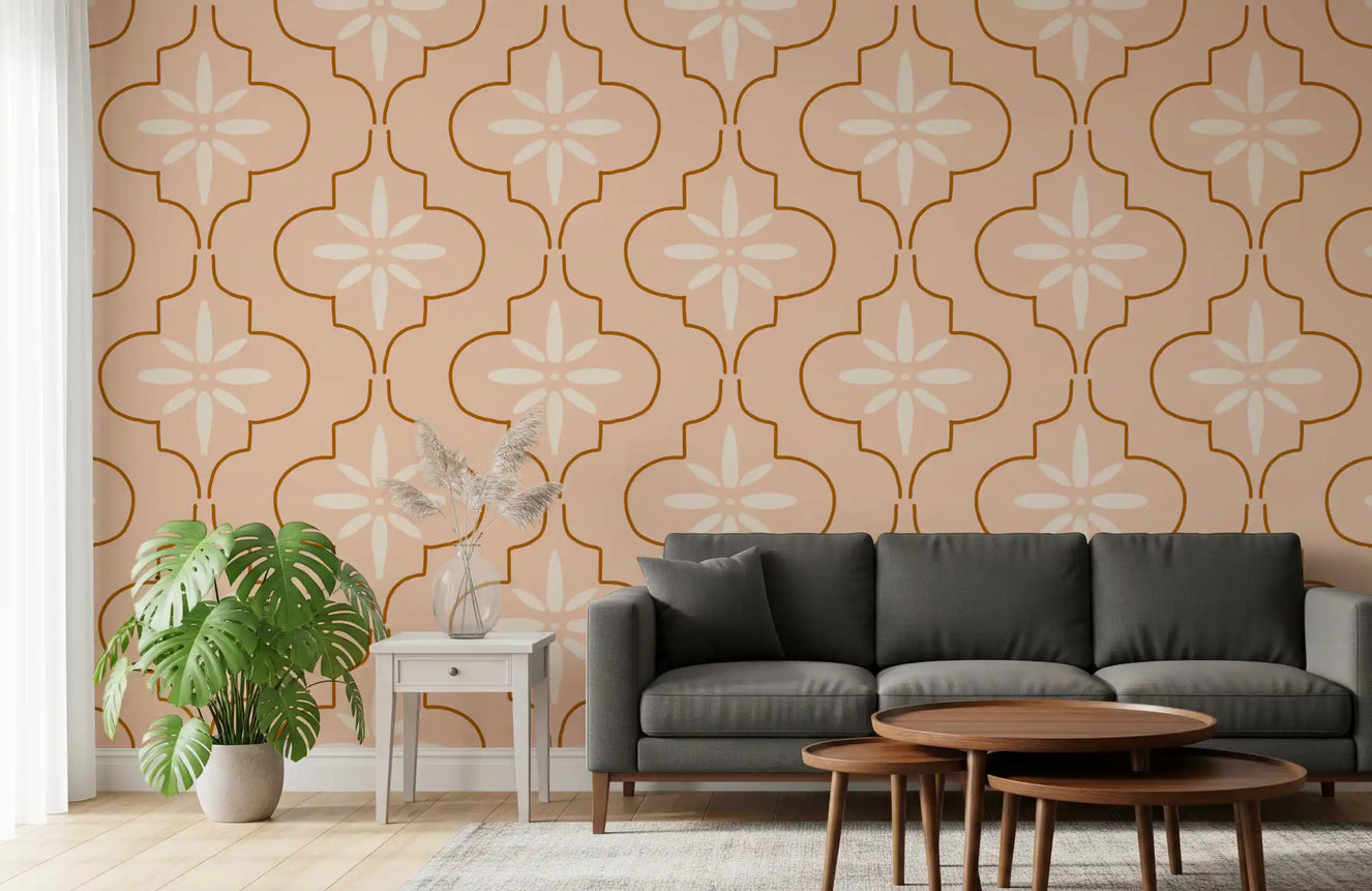 Peach Mediterranean Tile wallpaper creates a warm vibe in hallway.