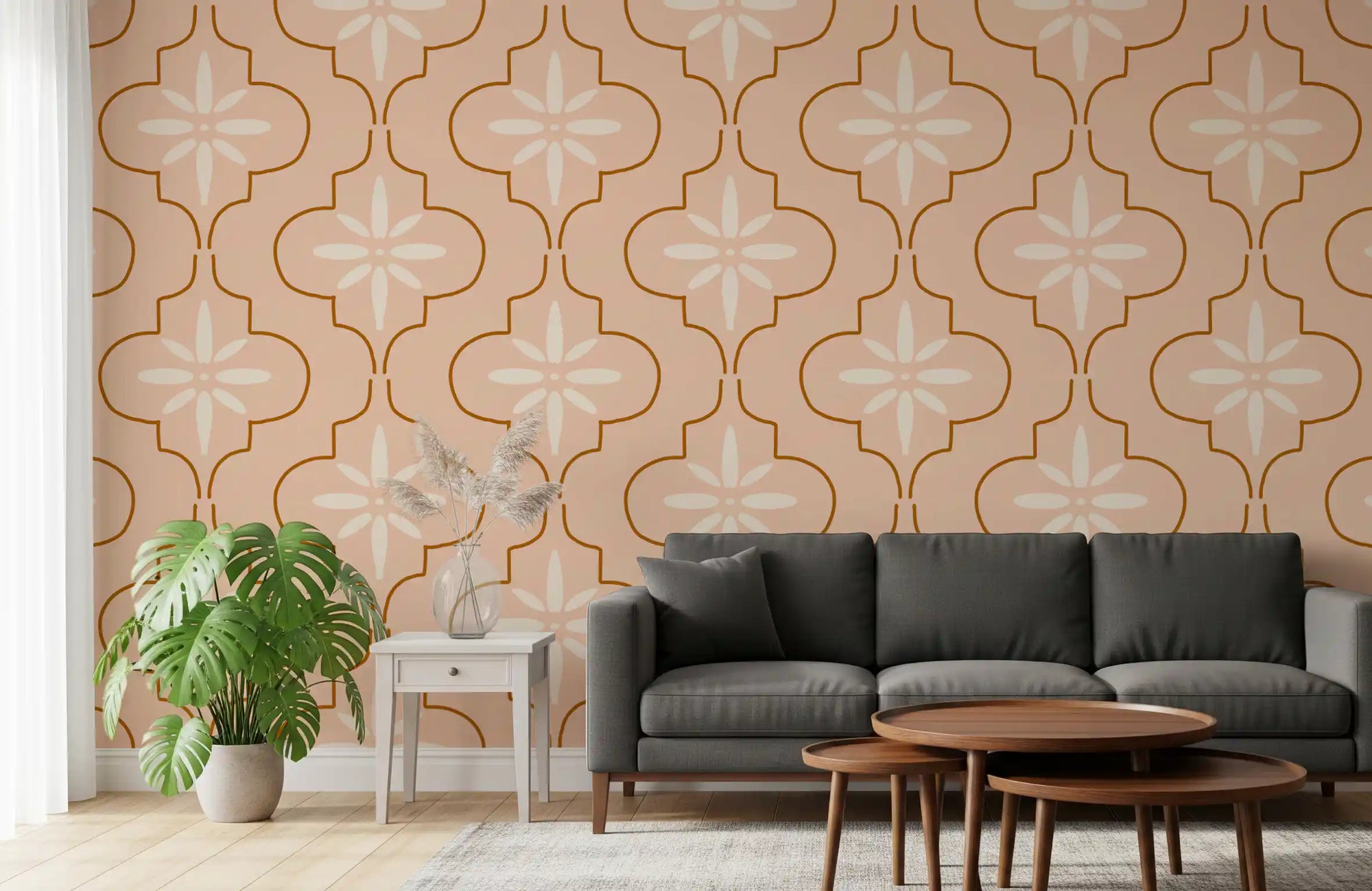 Peach Mediterranean Tile wallpaper creates a warm vibe in hallway., GD9976