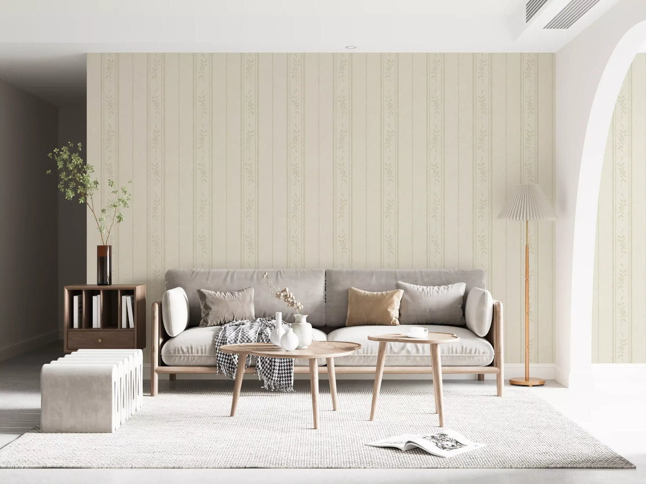 Vintage Ticking Stripe Vertical Linen With Floral Decor Cream Ivory Wallpaper⁠
