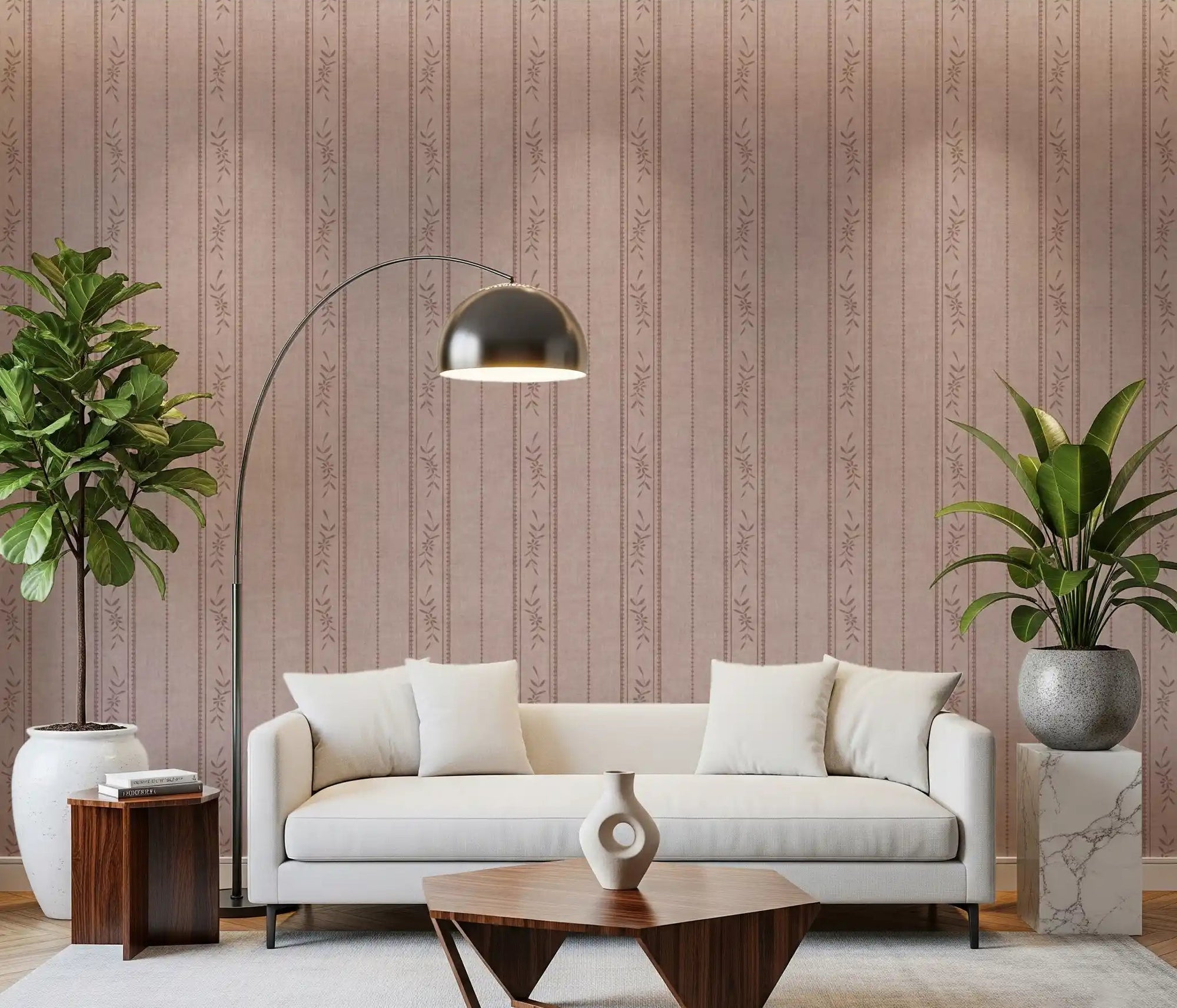 Vintage ticking stripe wallpaper in dusty rose with floral sprig accents for living room., GD9978