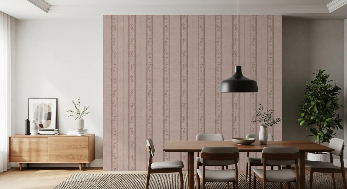 Vintage Ticking Stripe Vertical Linen With Floral Decor Dusty Rose Wallpaper⁠