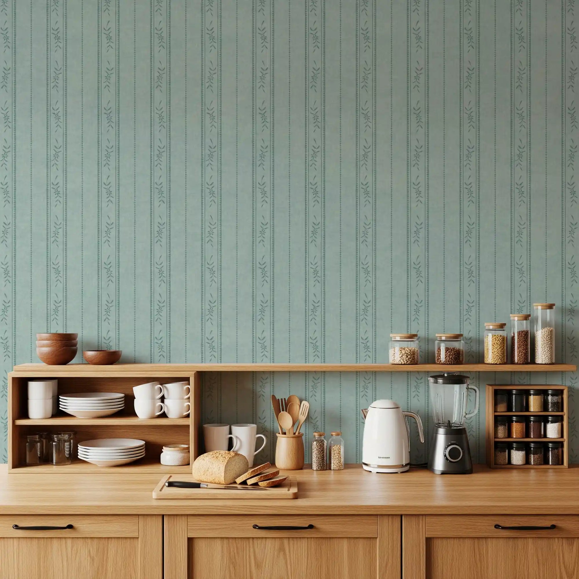 Muted blue ticking stripe wallpaper with floral sprigs and dotted bands in kitchen, GD9979