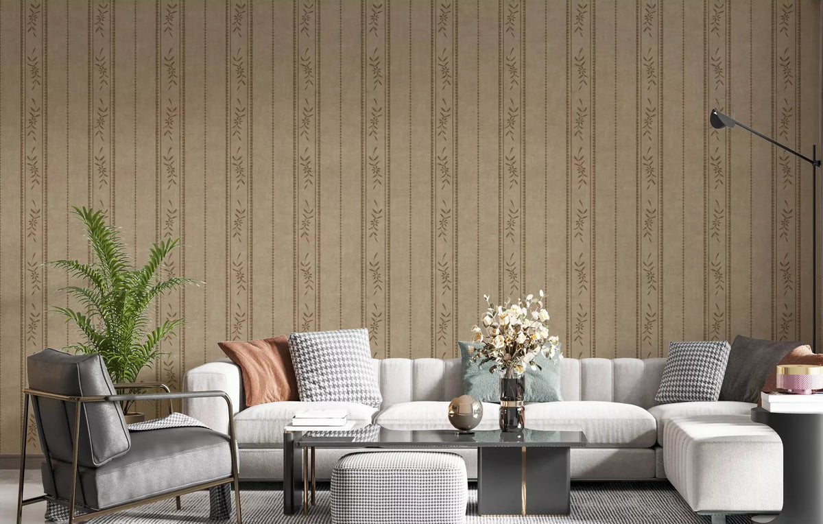Living room backed by ticking wallpaper in aged parchment and earthy brown, GD9980