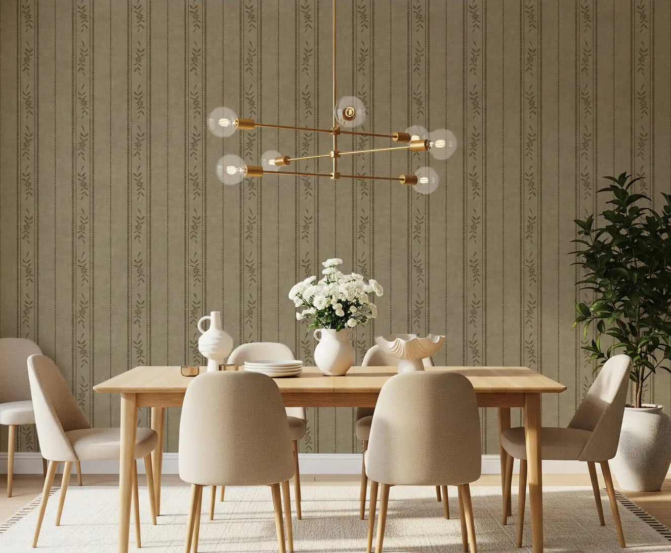 Dining room wall with vintage ticking stripe and floral pattern.
