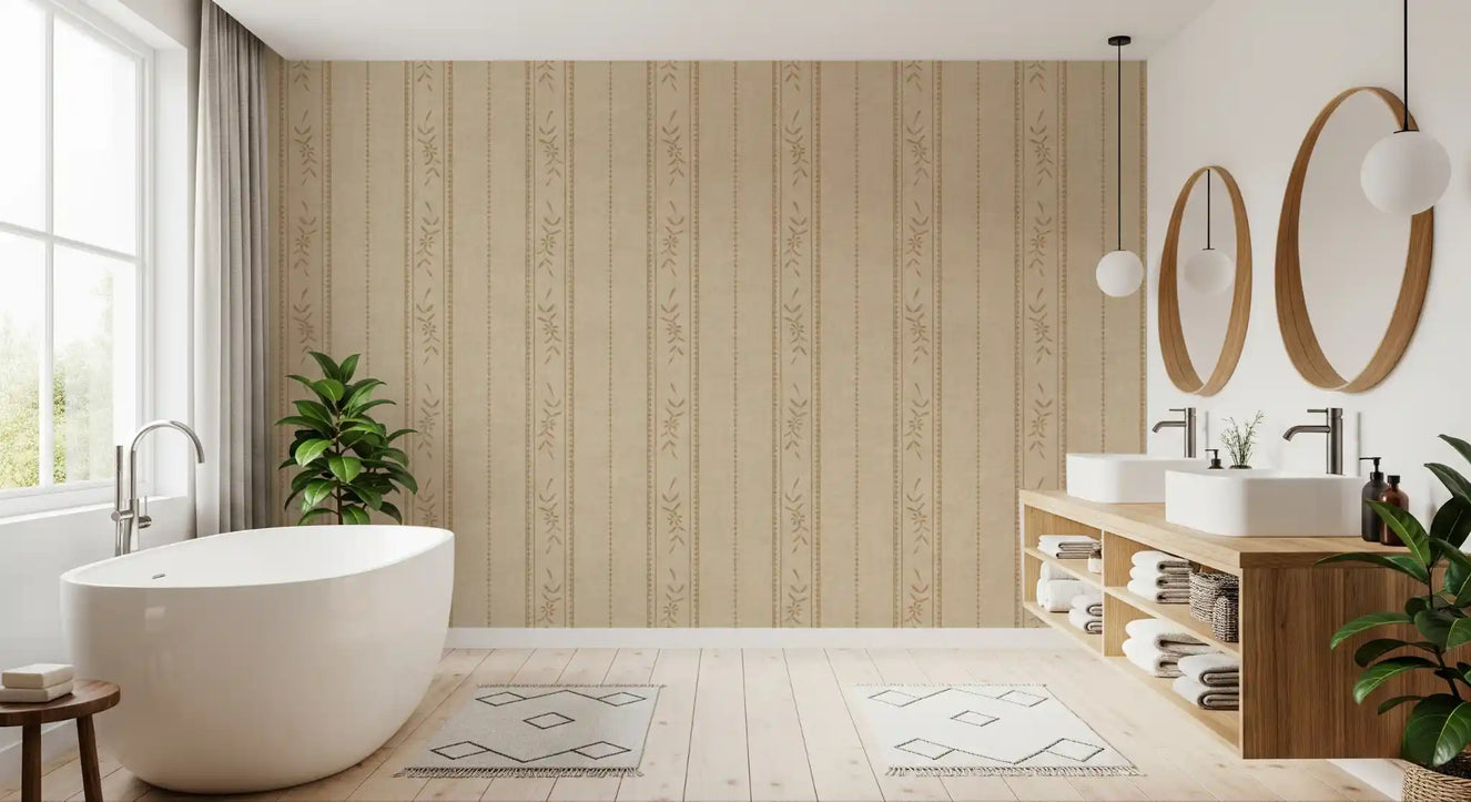 Vintage Ticking Stripe Vertical Linen with Floral Decor Sand Beige Wallpaper⁠