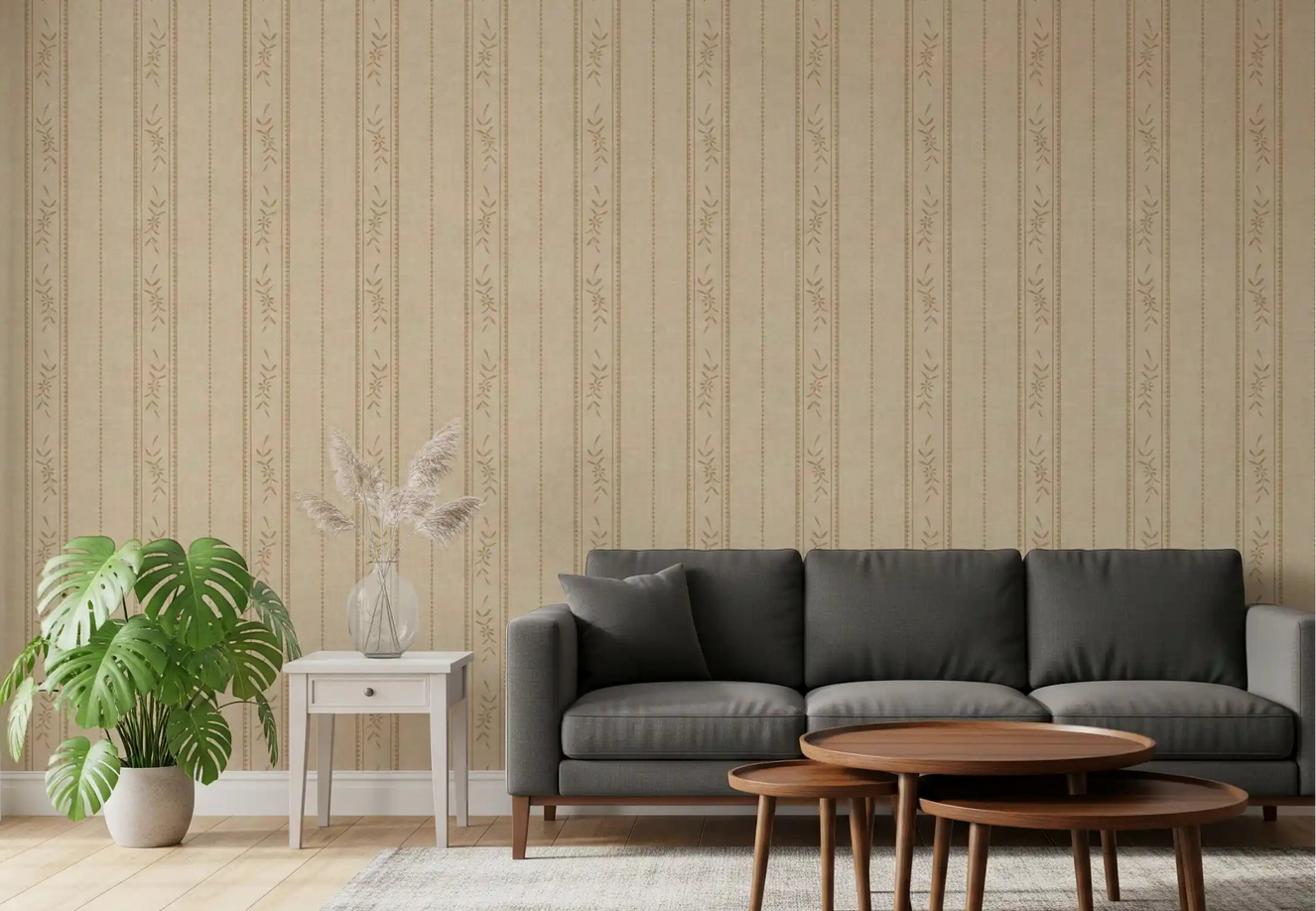 Beige cottage-style wallpaper installed across a living room wall.