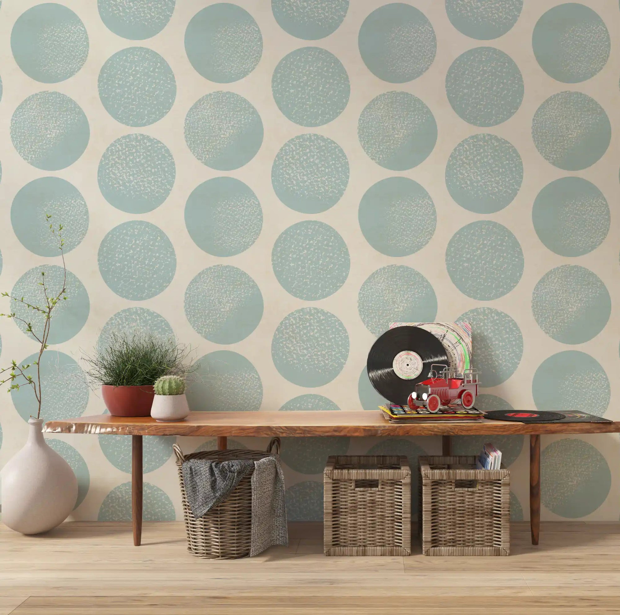 Large organic polka dots wallpaper with stippled texture in soft blue for hallway., GD9983