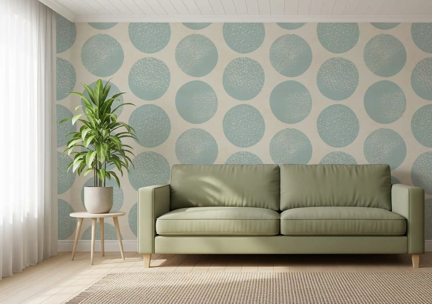 Modern wallpaper showcasing large organic dot arrangement in living room.