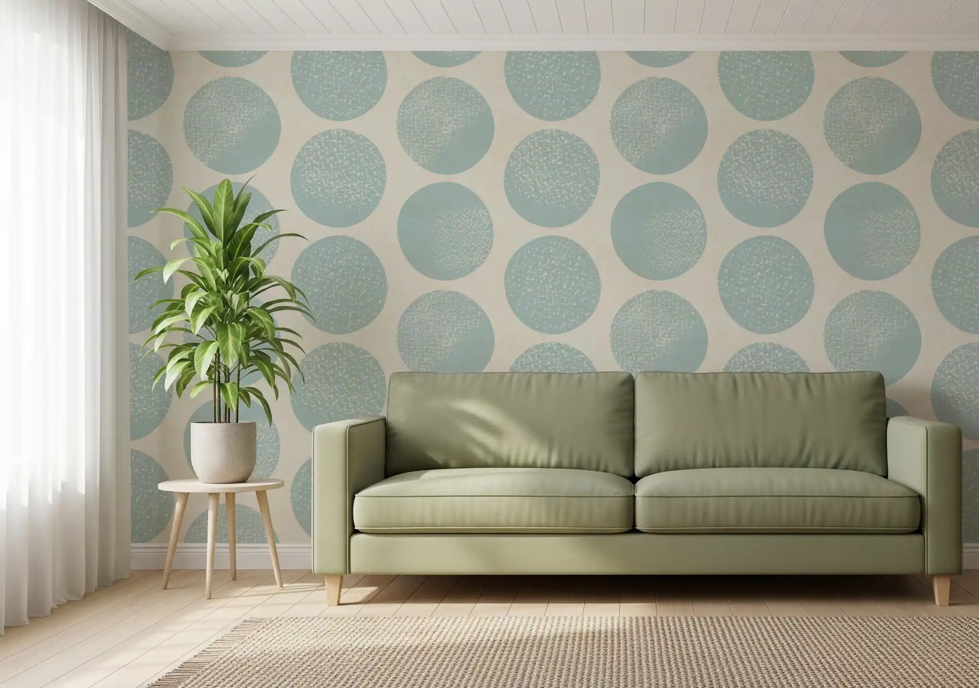 Modern wallpaper showcasing large organic dot arrangement in living room.