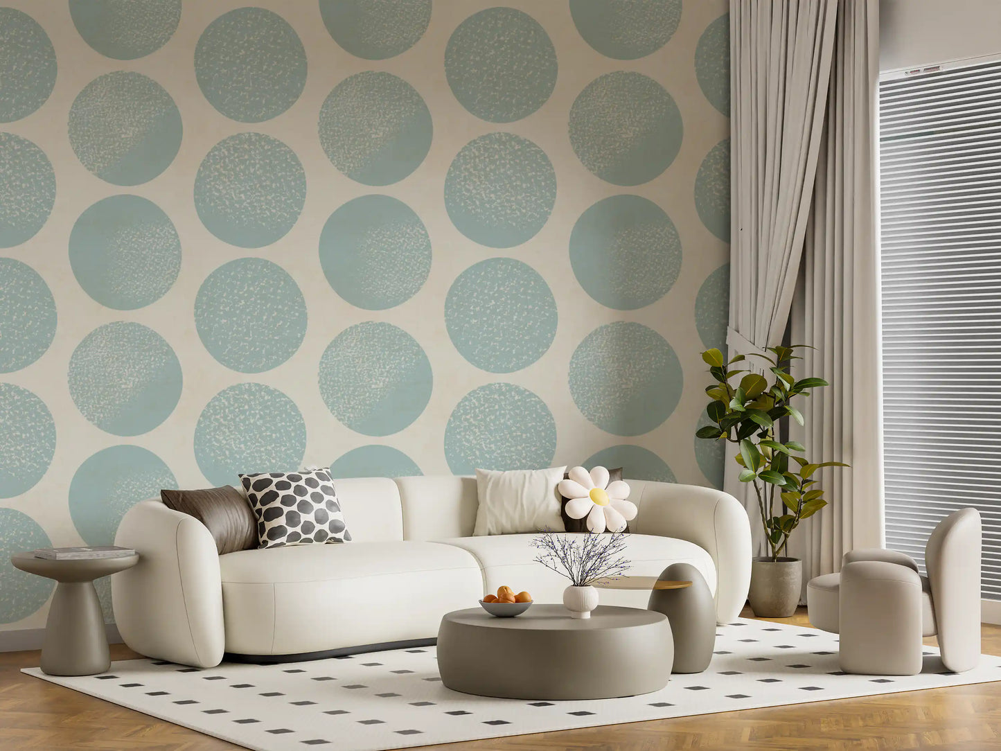Soft blue circles wallpaper with speckled interior texture on cream