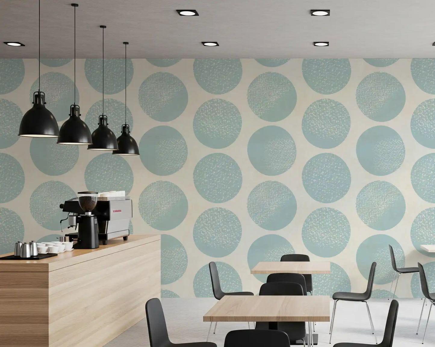 Polka dot pattern wallpaper with textured blue circles and beige spacing.