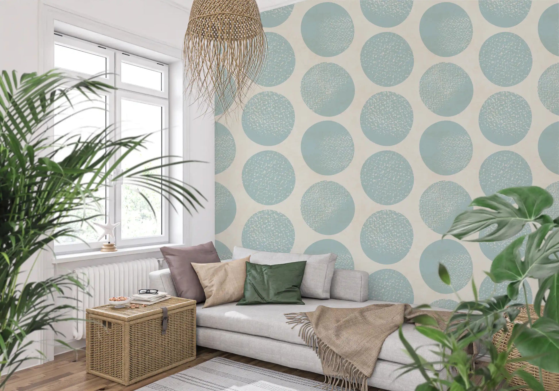 Textured stippling pattern wallpaper within soft blue circular shapes.