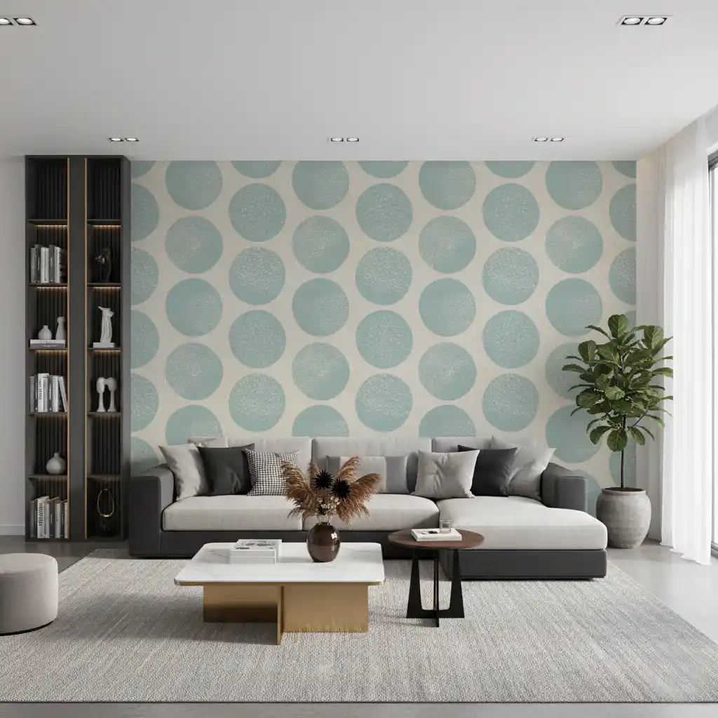 Oversized circles wallpaper featuring cream beige and blue colour palette