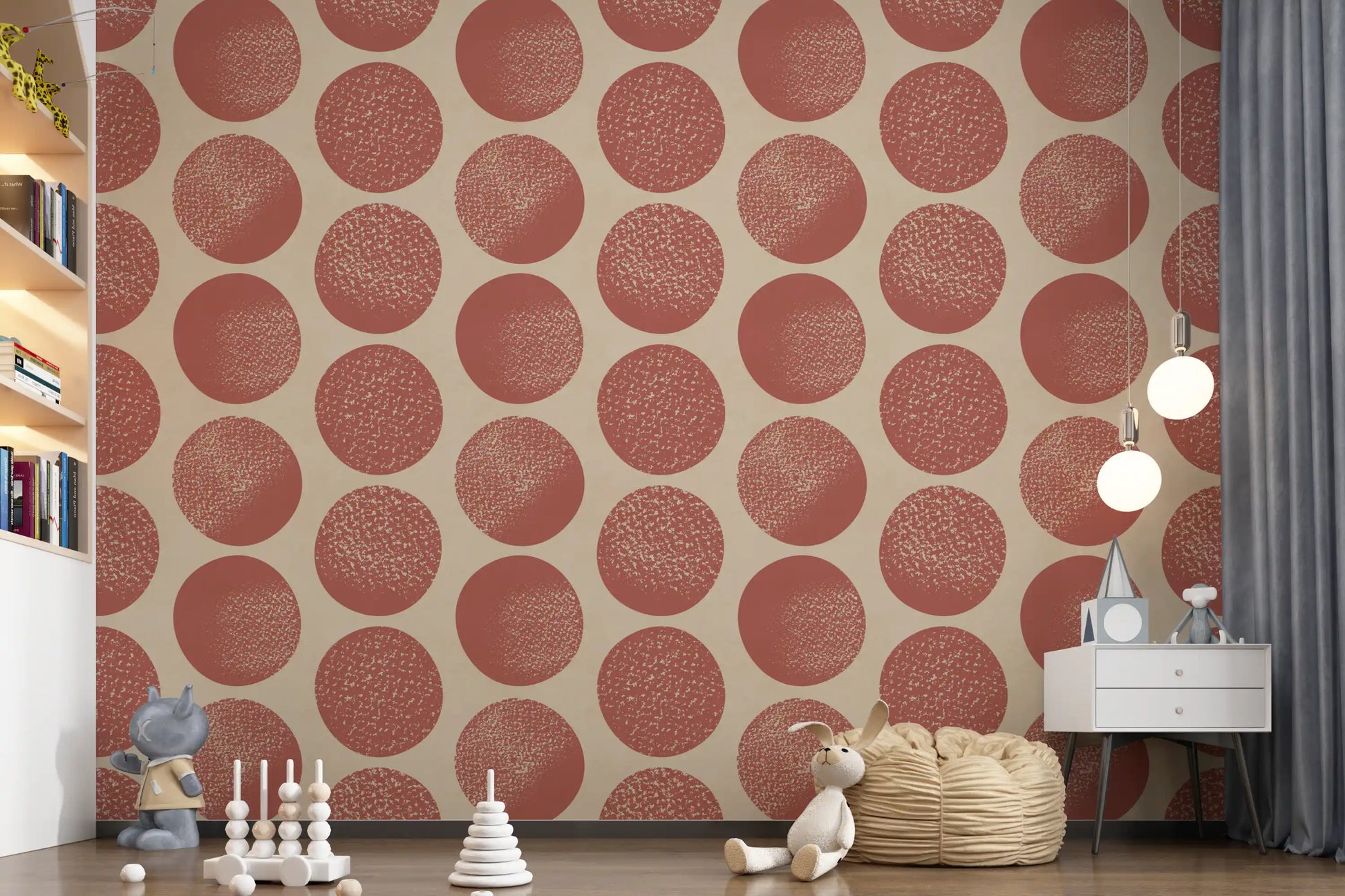 Kids playroom wallpaper showing organic circular dots in warm rust tones 