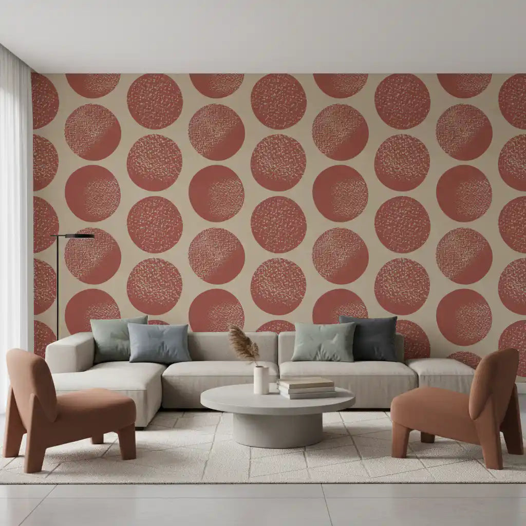 Geometric polka dot pattern wallpaper featuring stippled surfaces in living area.
