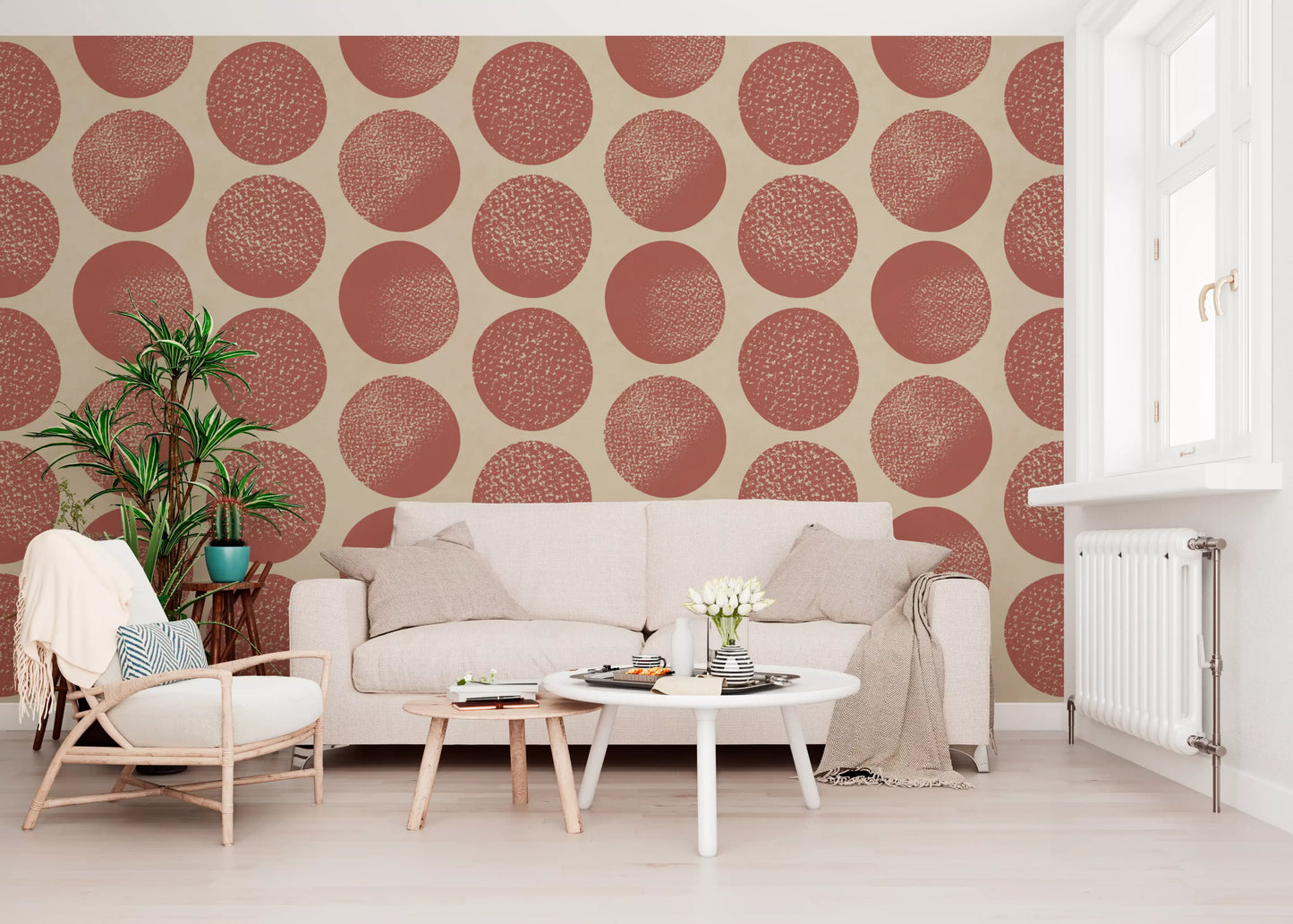 Geometric circle pattern wallpaper in rust, terracotta, and cream.