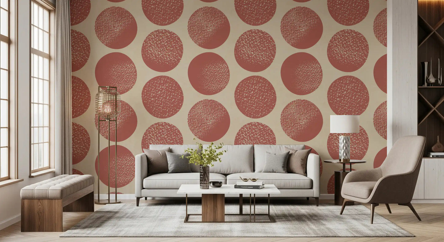 Hallway wallpaper with rust and beige polka dot pattern design