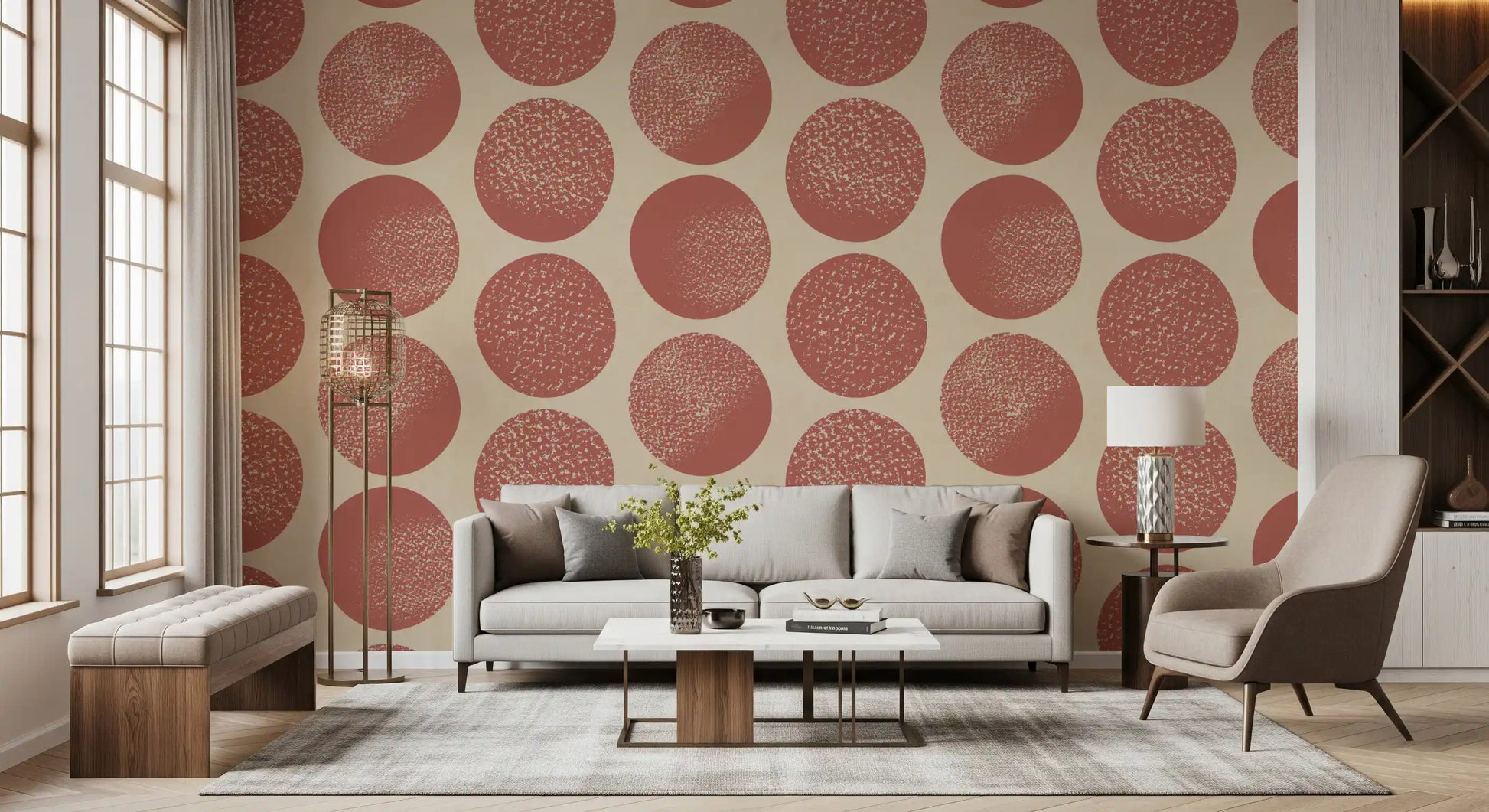 Hallway wallpaper with rust and beige polka dot pattern design