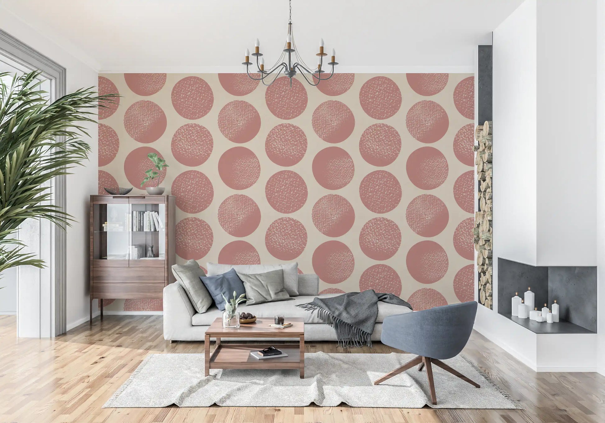 Modern polka dot wallpaper with textured speckled finish on beige