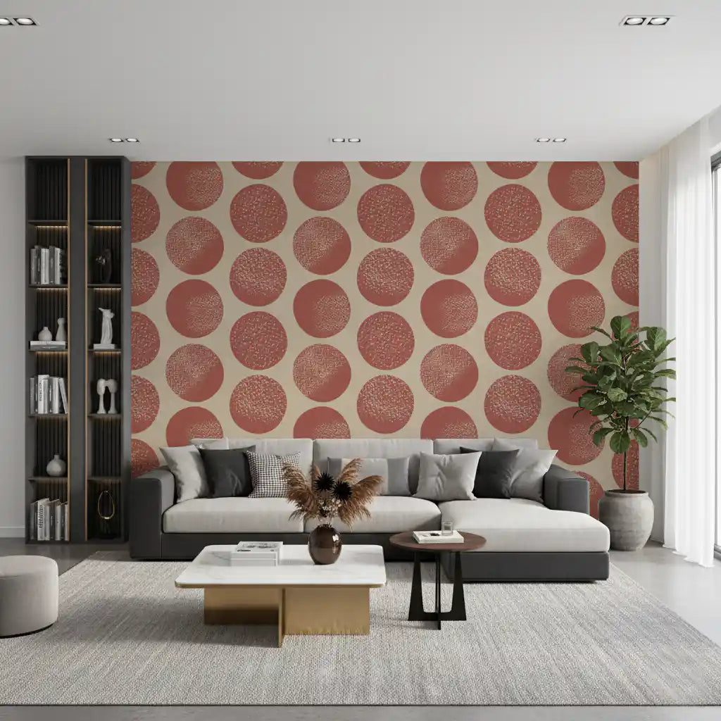 Modern wallpaper with rust circular dots and organic texture.