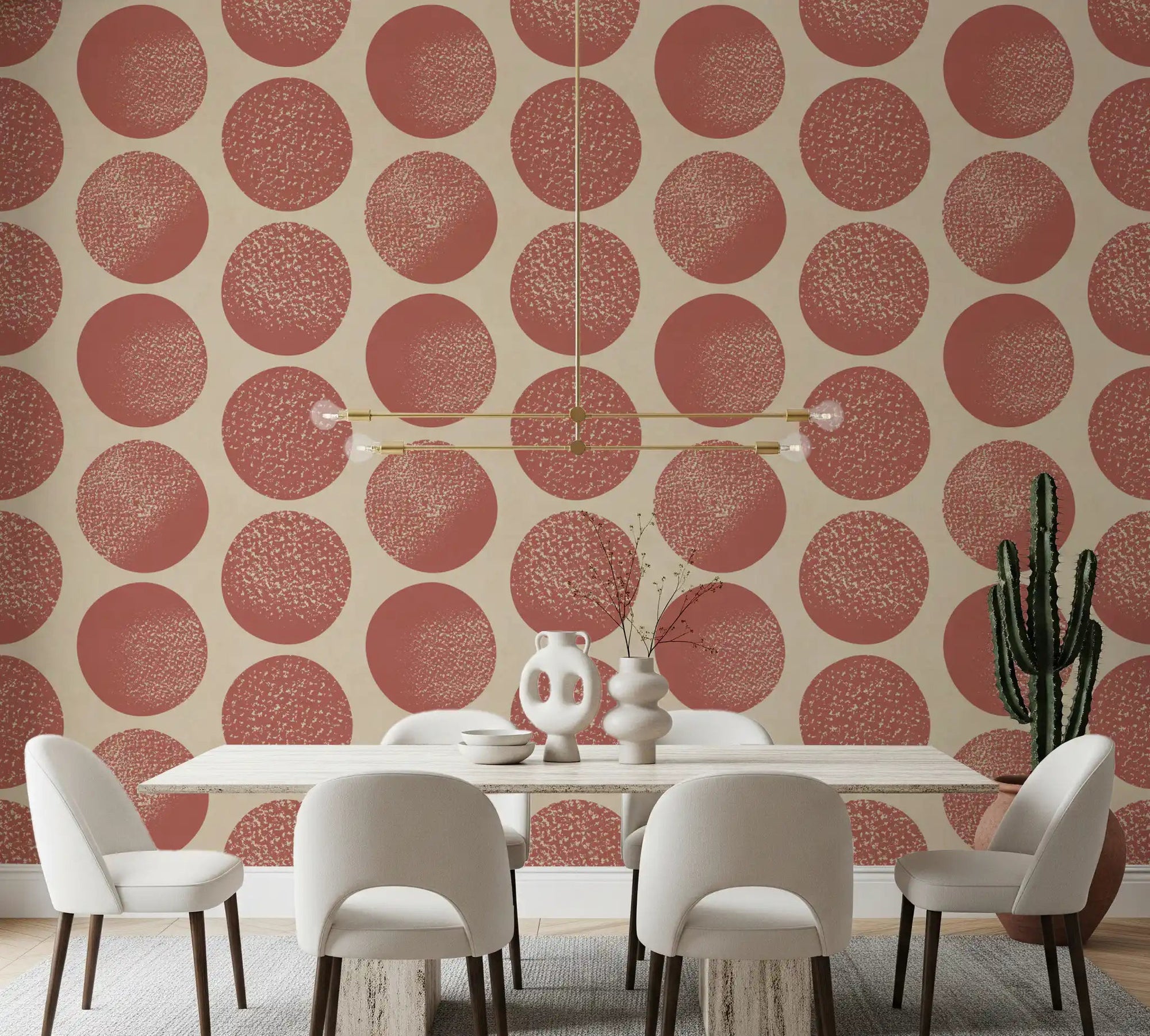 Rust polka dots with stippled texture on warm beige wallpaper in dining room., GD9984