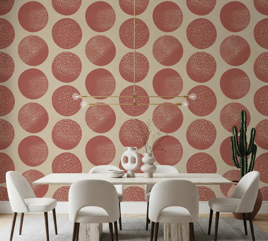 Rust polka dots with stippled texture on warm beige wallpaper in dining room., GD9984