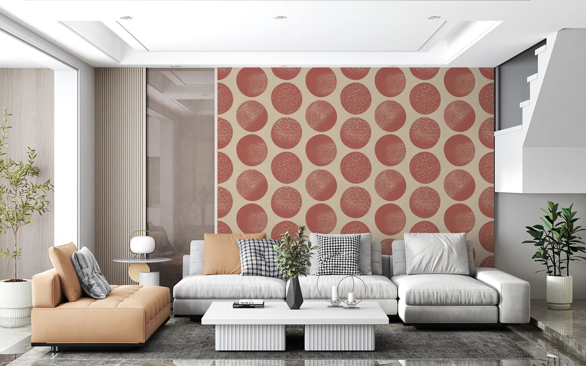 Polka dot wallpaper with stippled texture creating visual depth.