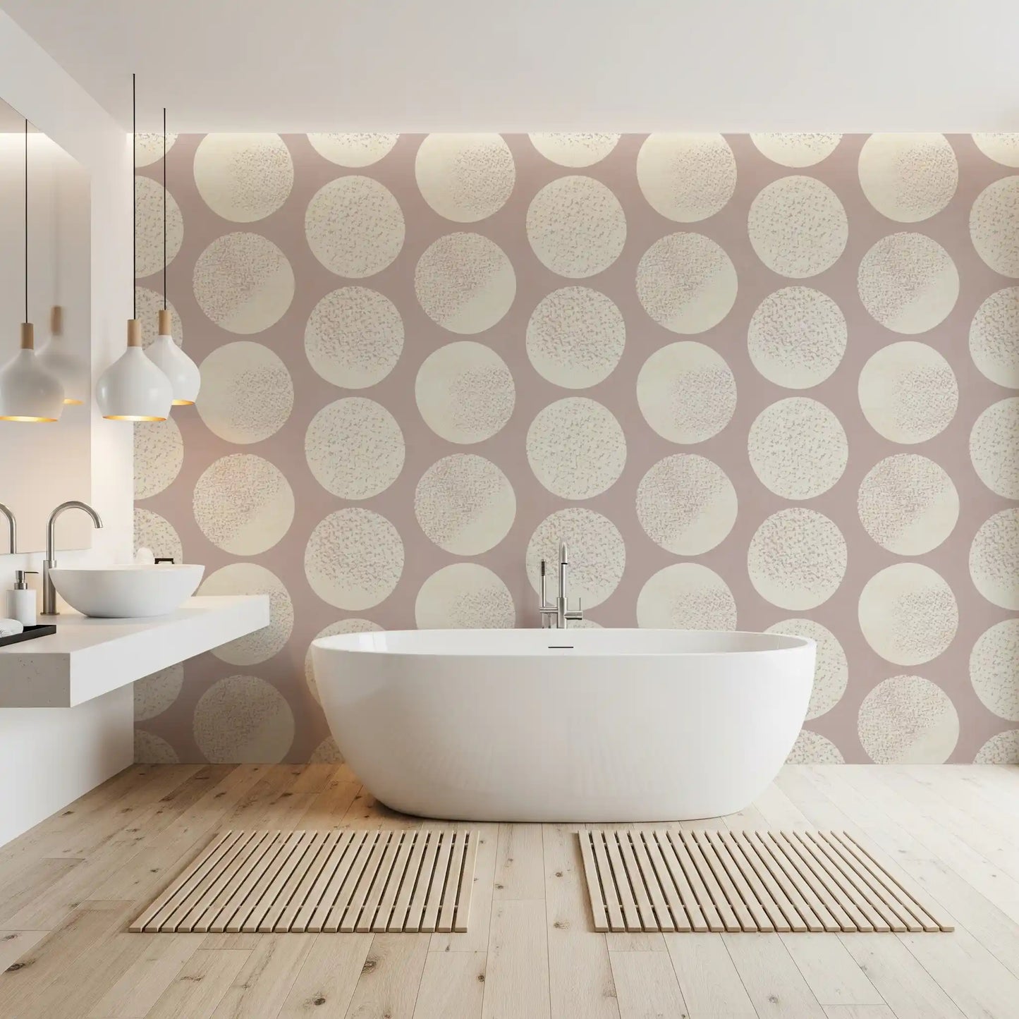 Modern geometric wallpaper combining large circles with delicate stippled in bathroom.
