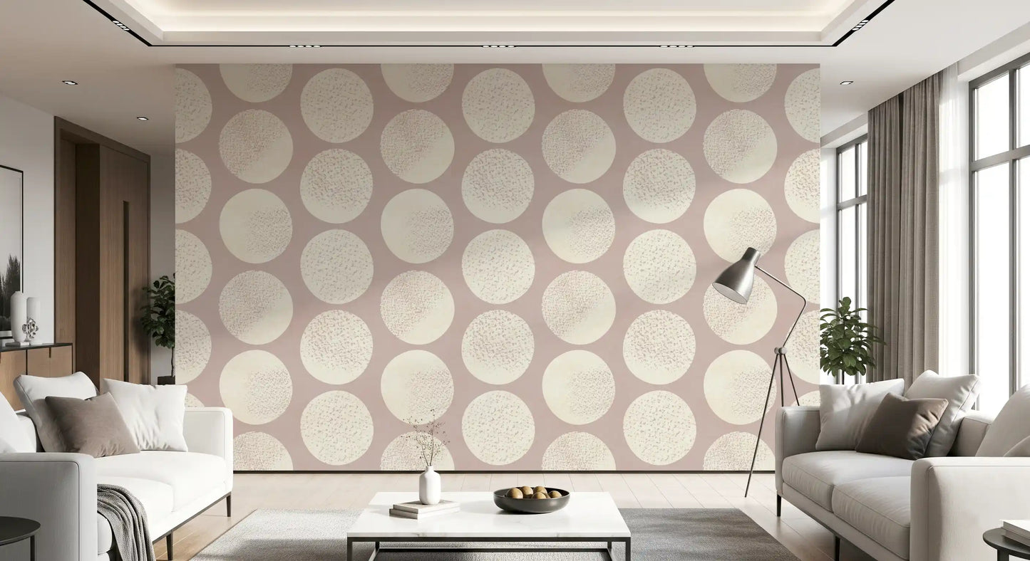 Polka dot wallpaper with stippled cream circles on dusty rose background.