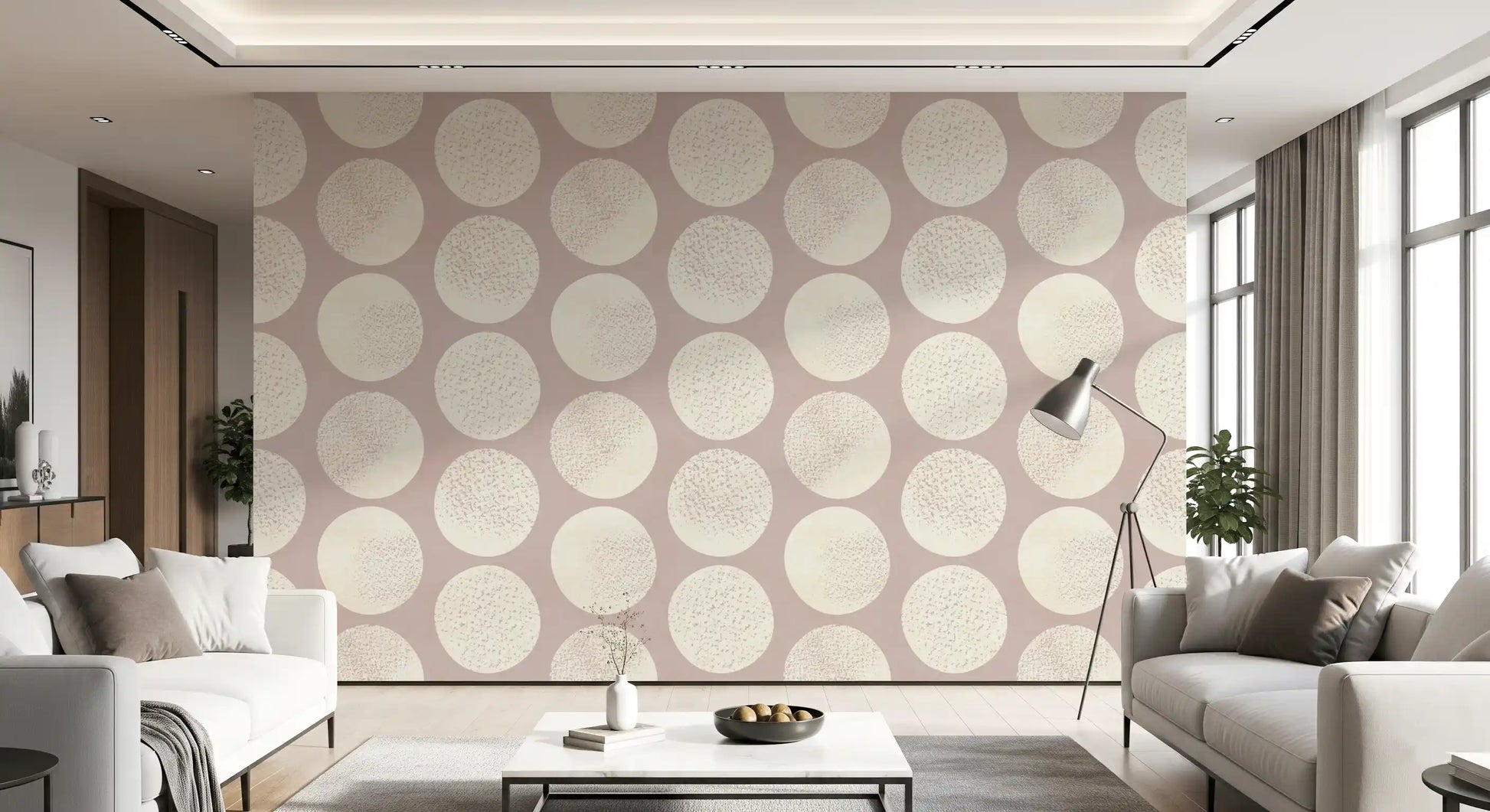 Polka dot wallpaper with stippled cream circles on dusty rose background.