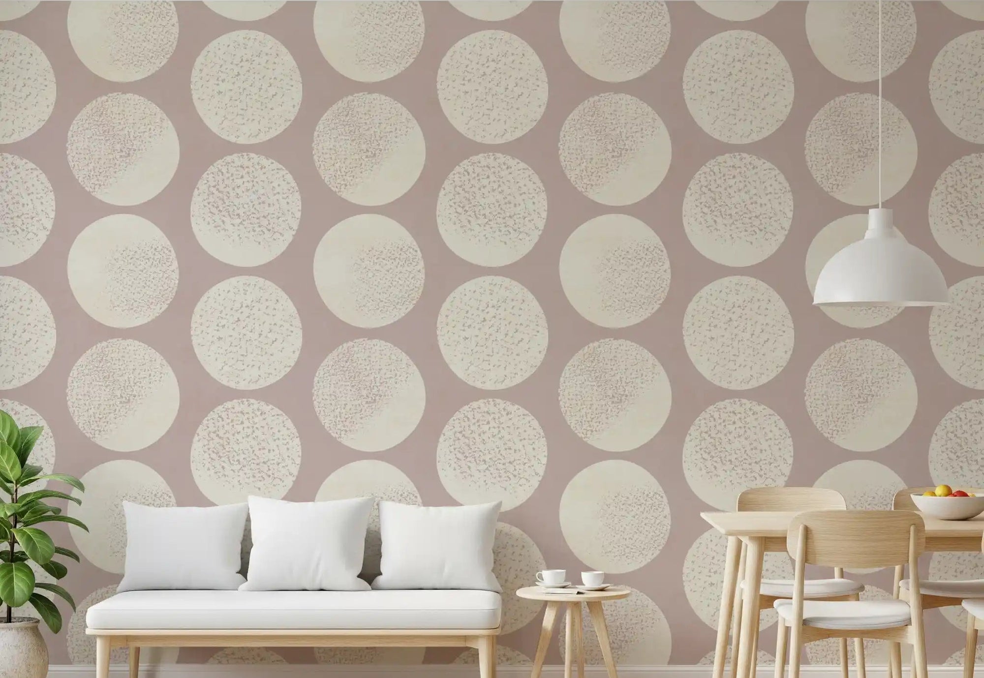 Living room accent wallpaper with geometric circles in cream and dusty rose., GD9985